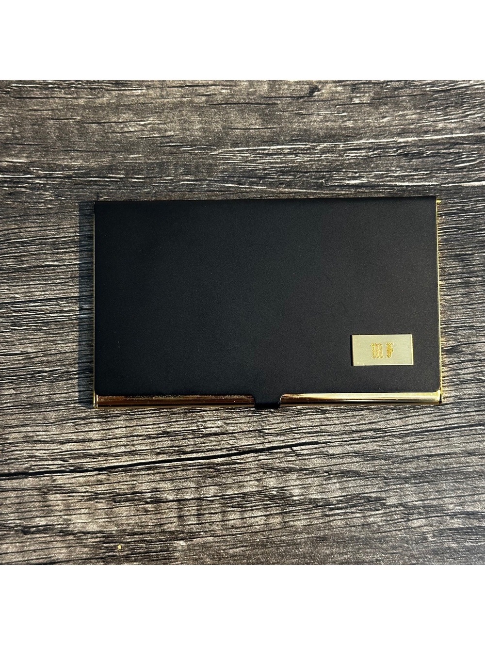 Vintage Black Velvet Gold Tone Metal Business Card Holder Case Monogram MT